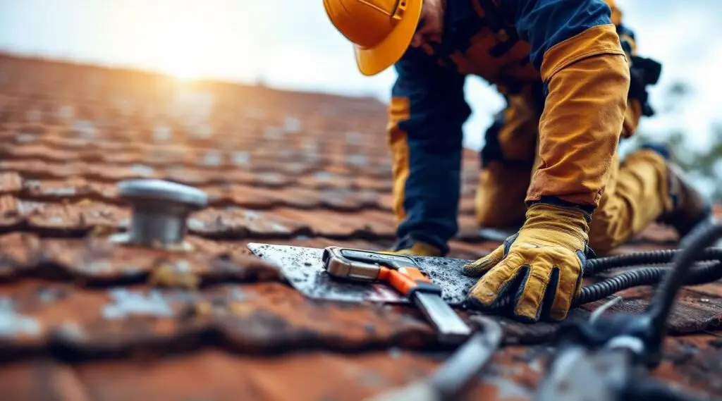 A professional roofing inspector examining asphalt shingles on a Louisville home with a clipboard.