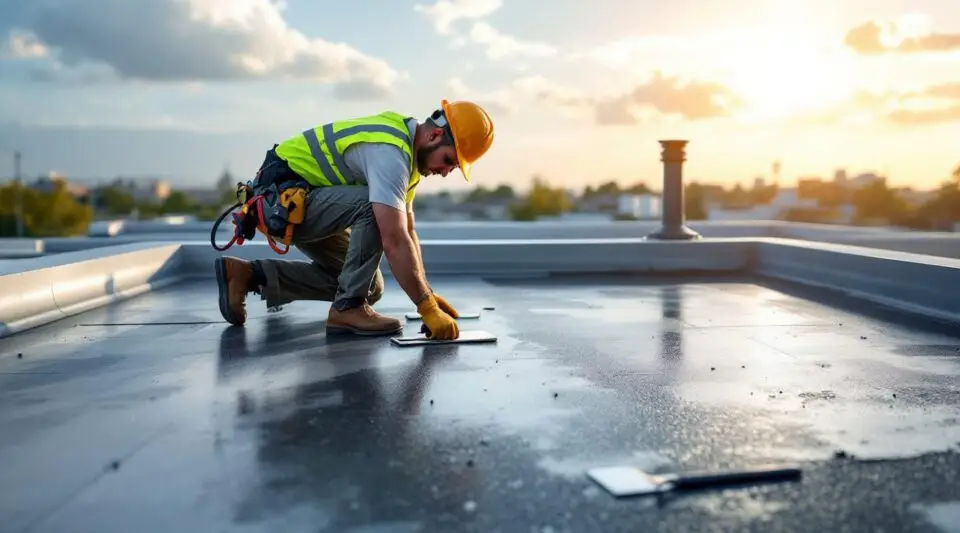 A wide-angle view of a professional EPDM membrane installation on a large commercial flat roof in Louisville.