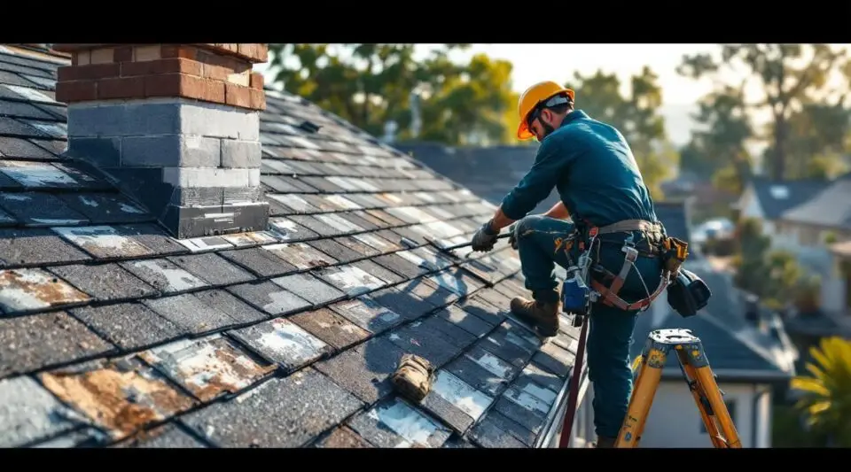 Professional roofing crew installing heavy-duty architectural shingles on a Louisville commercial facility under clear skies.