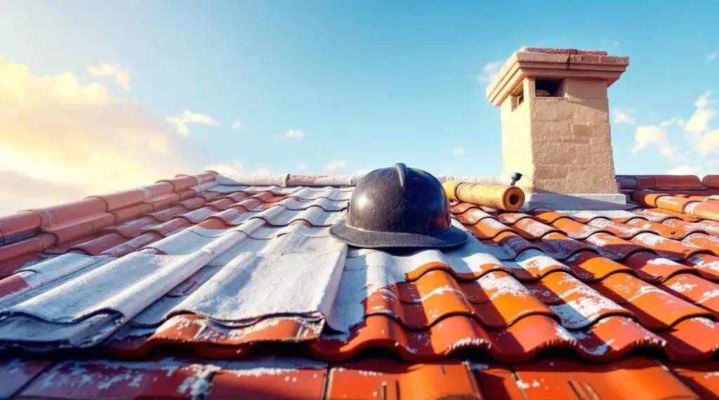 Newly installed red clay Spanish tile roofing on a commercial property in Louisville under bright afternoon sunlight.