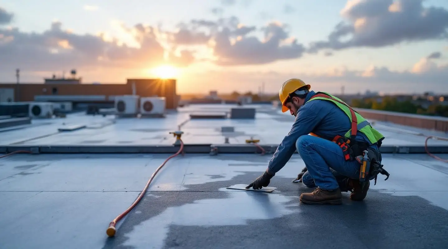 A professional roofing crew installing a clean white TPO flat membrane on a Louisville commercial building roof.