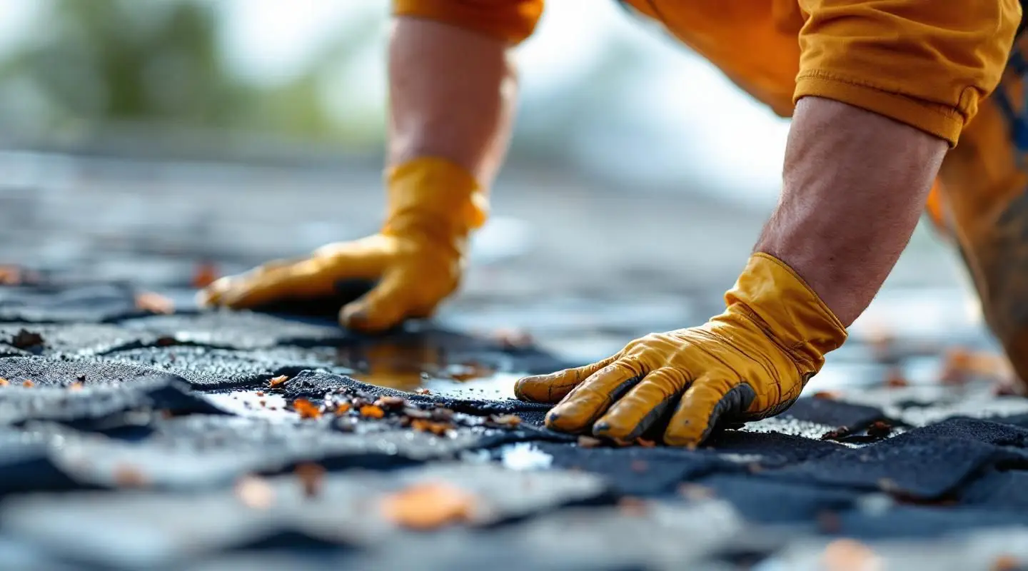 A professional roofer securing a heavy-duty blue tarp over storm-damaged shingles on a Louisville home after a severe storm.