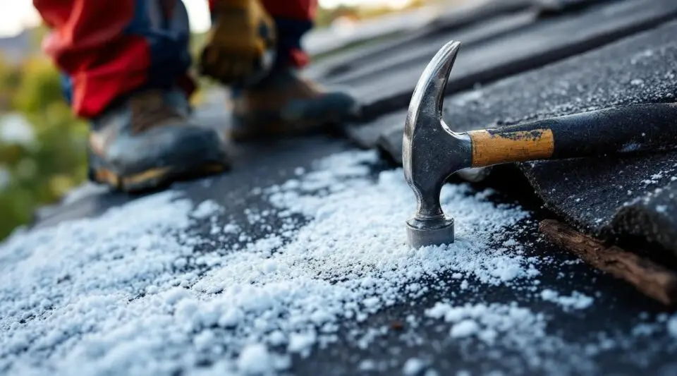 A professional roofer inspecting damaged shingles near a chimney on a Louisville home, searching for the source of a roof leak.