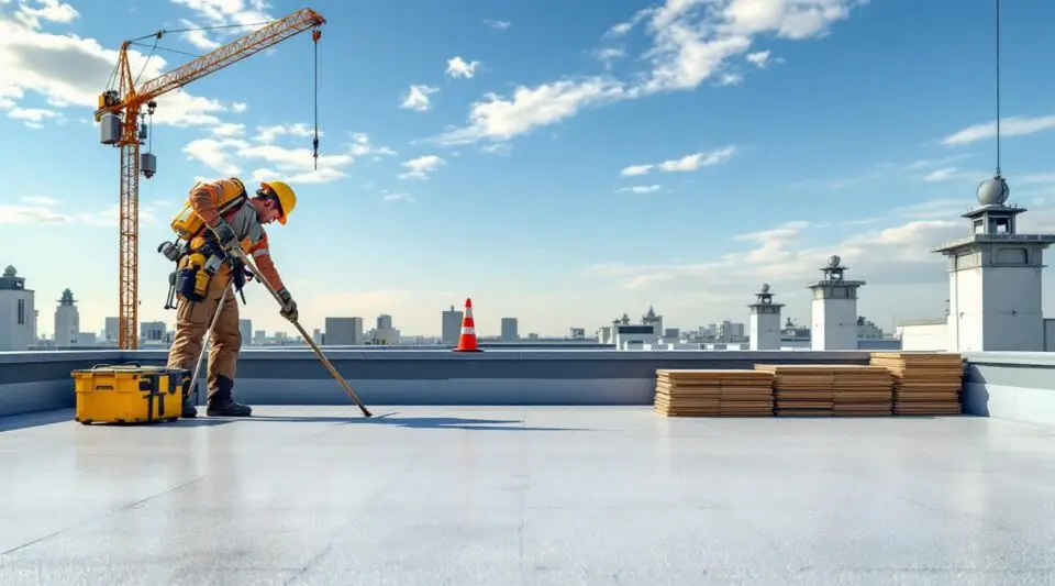 Professional roofing crew heat-welding a white TPO flat roof membrane on a commercial facility in Louisville under a clear sky.