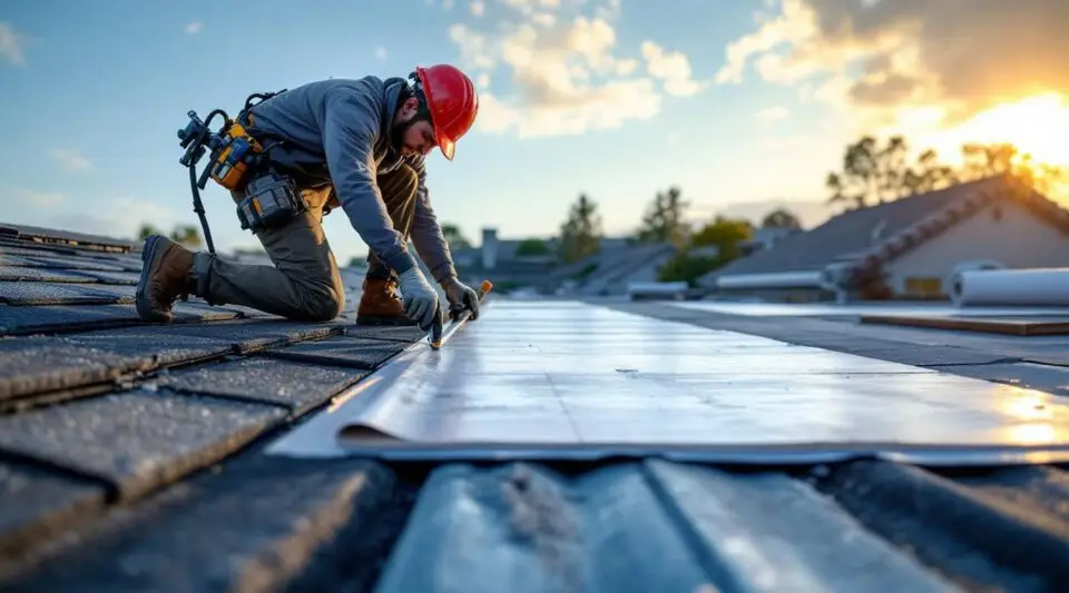 A professional roofing crew carefully installing new architectural shingles on a residential Louisville home.