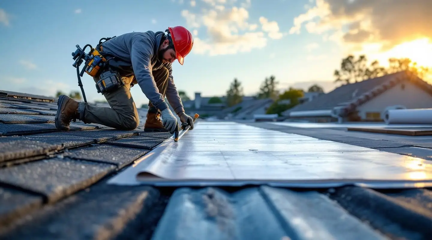 A professional roofing crew installing clean asphalt shingles on a suburban Louisville home under bright afternoon sunlight.