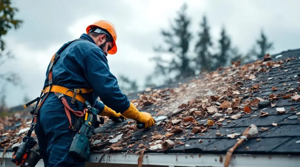 A professional roofing technician inspecting wind-damaged shingles on a residential home in Louisville after a severe storm.