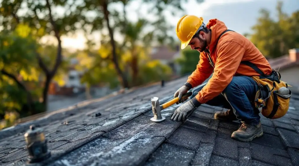 A professional roofer carefully replacing damaged asphalt shingles on a Louisville home under clear morning skies.