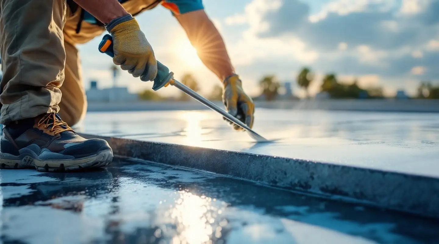 Professional roofing crew applying white reflective silicone coating to a commercial flat roof in Louisville.