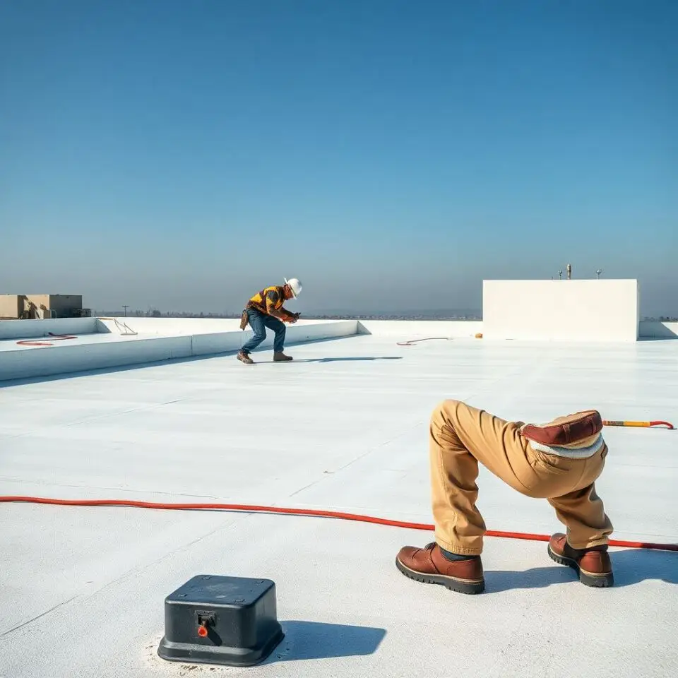 Professional roofing crew performing a detailed inspection on a commercial TPO flat roof in Louisville under clear morning light.