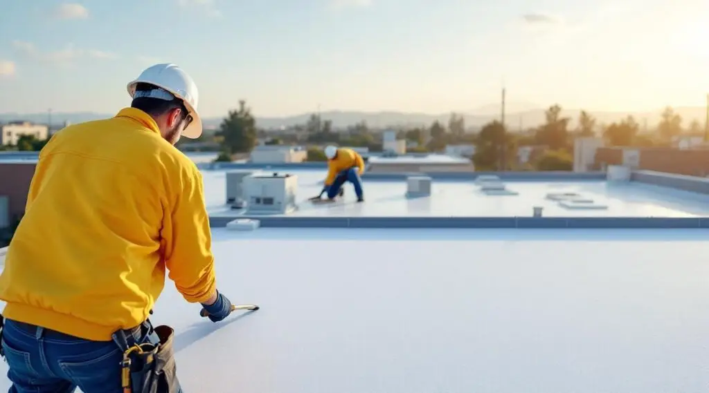 Professional roofing crew heat-welding white TPO membrane seams on a flat commercial facility roof in Louisville.