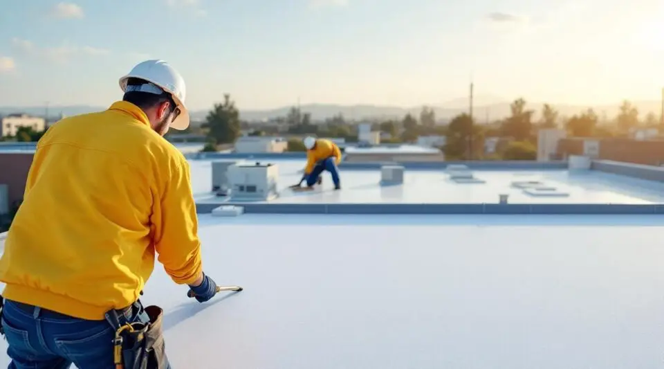 Commercial roofers hot-air welding white TPO membrane seams on a flat warehouse roof in Louisville under a clear sky.