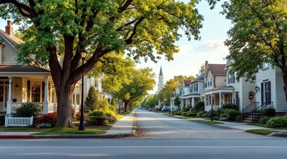 A residential street in Jeffersontown, KY, showing classic ranch-style homes with mature trees and newly installed architectural shingles.