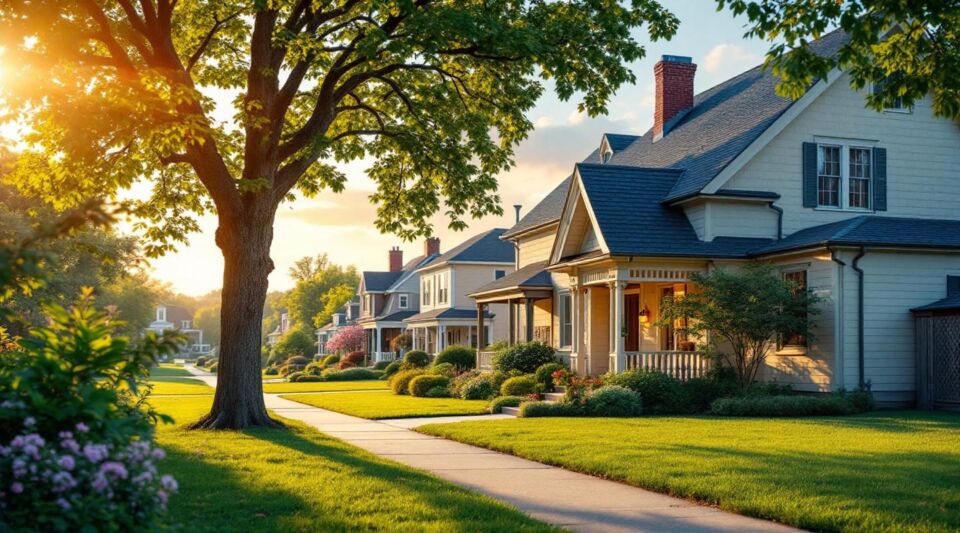 A quiet residential street in St. Matthews, KY with mature trees and classic mid-century ranch homes showing clean asphalt shingle roofs.