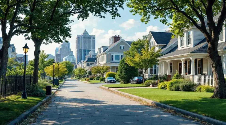 A residential street in Louisville, Kentucky, showing classic craftsman bungalows and ranch homes under a dramatic sky