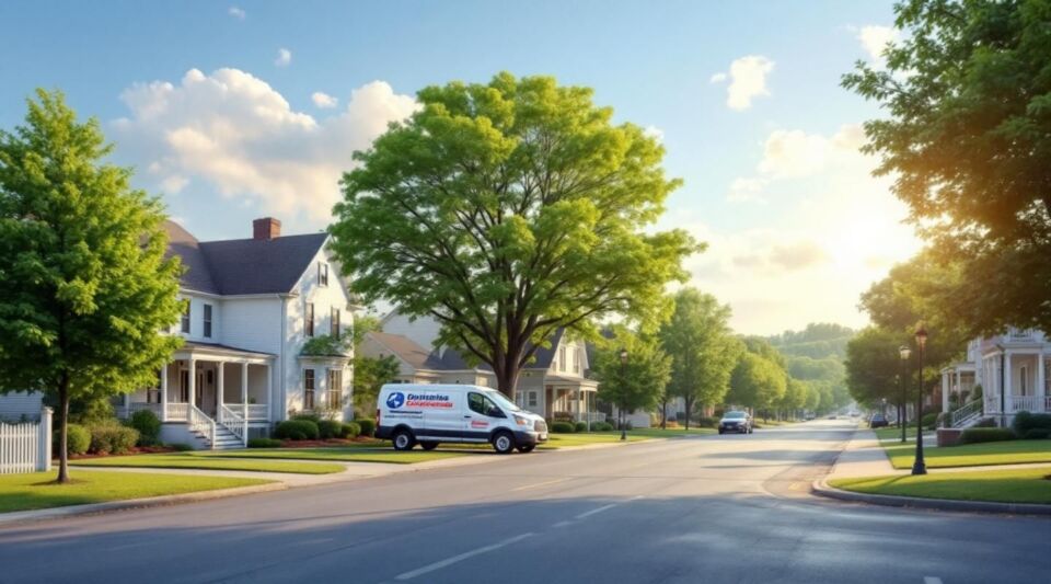 A peaceful residential street in Middletown KY lined with mature trees and classic brick ranch homes under a clear sky.