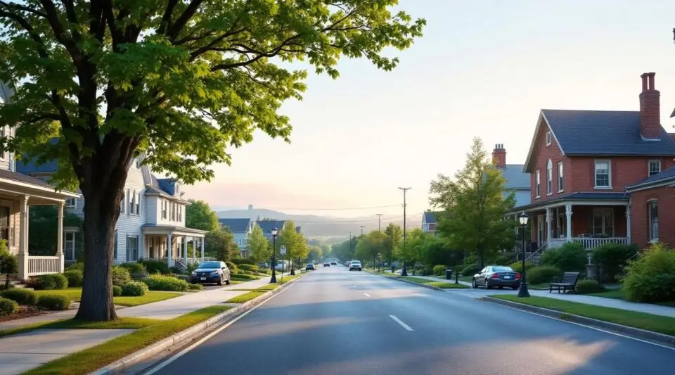 A residential street in Mt. Washington, Kentucky, featuring ranch and colonial homes with mature trees and asphalt shingle roofs.